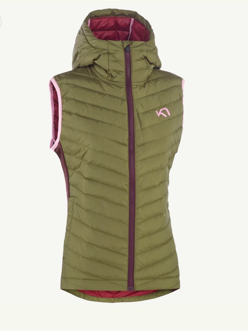 Kari Traa Women’s XS Hooded Puffer Vest Olive Green Pink Insulated Zip Vest